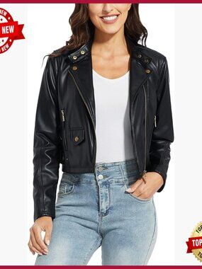 Fitted Slim Faux Leather Motorcycle Jacket Zip Up Long Sleeve